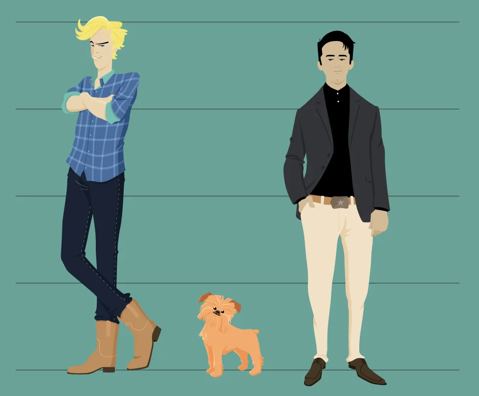 Police-lineup illustration: Levi in plaid and cowboy boots with his arms crossed, Lulah the Brussels griffon, and Sho in a dark blazer